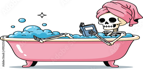 Funny Skeleton Relaxing in Bathtub Reading Book Cartoon Character with Bubbles Towel and Spa Bath for Humor Halloween and Lifestyle Illustration