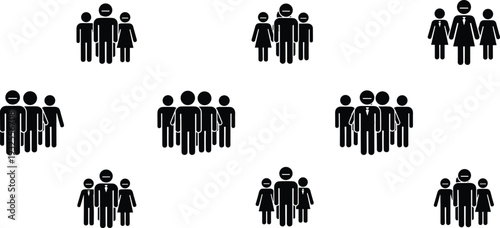 Family icons collection, group silhouettes, people teamwork, social community, demographic figures, office colleagues, friendship design, family structure, human group, society illustration