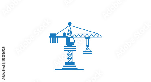 Blue construction tower crane illustration on white background.