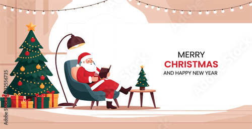 Santa Claus Reading Book Near Christmas Tree with Gifts Cozy Living Room Merry Christmas and Happy New Year Holiday Illustration Design