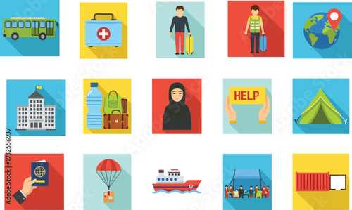 WebHumanitarian aid and refugee support flat icon set featuring emergency medical kit migration symbols passport help sign displacement camp and global relief charity vector elements.