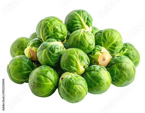 Pile of fresh, green Brussels sprouts on white background