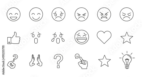 Collection of various outlined emoji icons representing different emotions and concepts.