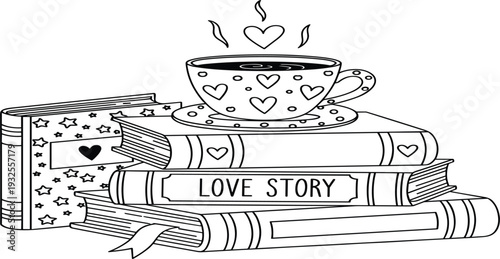 Love Story Book Stack with Coffee Cup and Hearts Line Art Illustration for Romantic Reading Cozy Literature and Valentine Design Concept