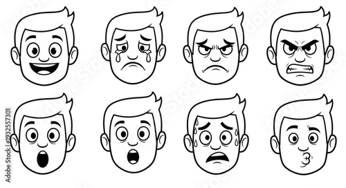Various cartoon faces expressing different emotions in black and white, a diverse collection.
