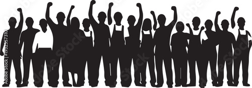 Crowd of people raising hands in protest, silhouette illustration