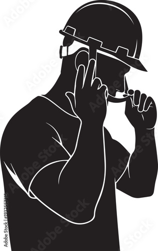 Detailed profile of construction engineer adjusting protective helmet vector silhouette art