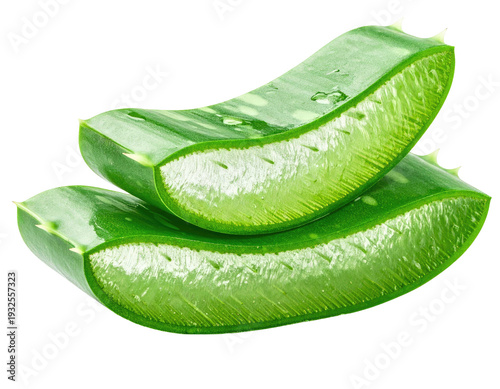 Fresh green aloe vera slices with water droplets on a black background