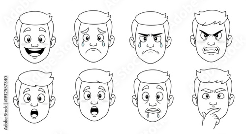 Collection of various human face expressions in black and white line art.