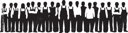 Diverse group of professional workers silhouette vector illustration standing in line art