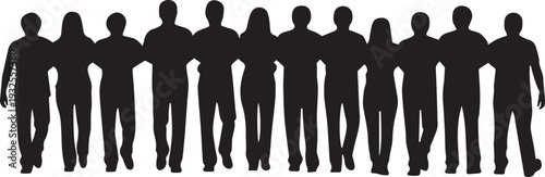 Diverse group of people standing together vector silhouette illustration line art