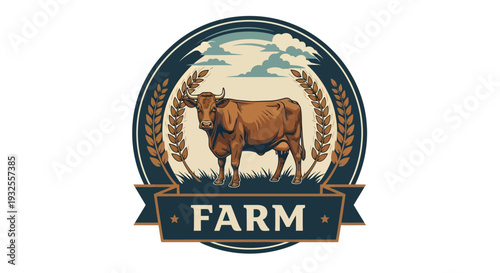 Farm Cattle Emblem with Wheat Stalks and Ribbon.