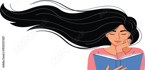 Woman Reading Book with Flowing Hair Minimal Illustration for Education Literature Relaxation Knowledge and Modern Lifestyle Concept Design