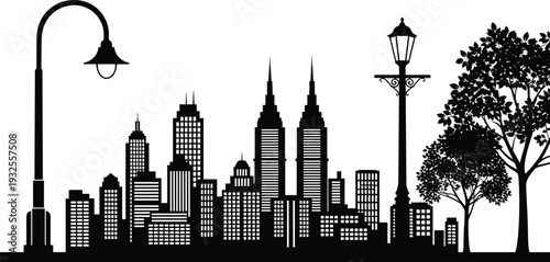 Black and white city skyline silhouette with modern skyscrapers and winding highway road leading into downtown, urban landscape vector illustration isolated on white background.