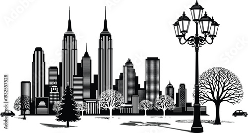  Black and white cityscape illustration featuring skyscrapers, streetlamp, trees, and car, symbolizing urban architecture, metropolitan lifestyle, and contrast between nature and modern city design.