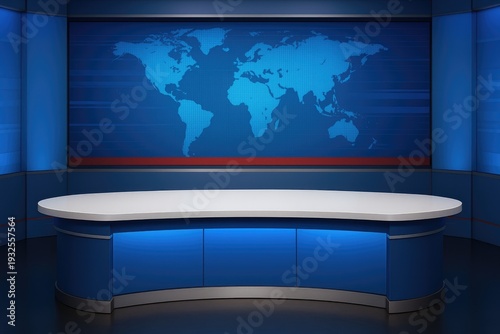 News studio desk with world map backdrop for broadcast journalism and global reporting news studio.