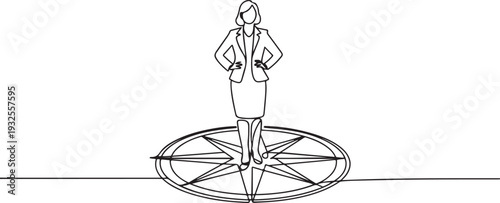 Drawing of businesswoman standing on compass showing direction. Symbol of strategy, future vision.one line vector illustration with white background