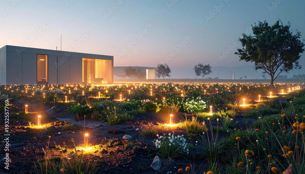 Naklejka premium Illuminated Garden at Dusk - A Serene Architectural Landscape.