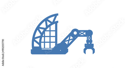 Blue industrial robotic arm with gripper on white background.