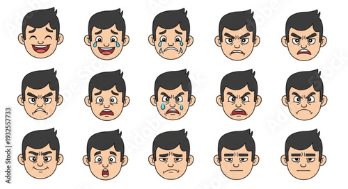 Collection of various cartoon faces expressing different emotions and feelings in a row.