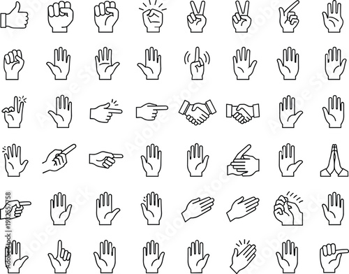 Human hand gestures line icon set featuring thumbs up fist peace sign pointing handshake and palm symbols for interactive designs