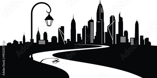 Black and white vector illustration of a modern city skyline with skyscrapers and a winding river under a vintage street lamp, urban landscape architectural scene.