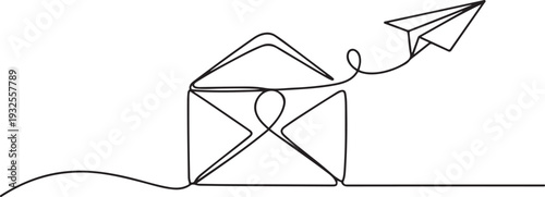 Envelope with a paper airplane flying out of it in one line art style. Mail drawing with editable black stroke.one line vector illustration with white background