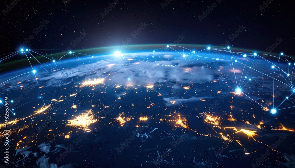 Obraz premium Global Network Connectivity - A Digital Earth with Interconnected Nodes.