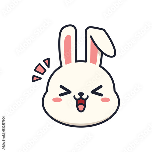Cute white cartoon rabbit with closed eyes laughing and sweat drops