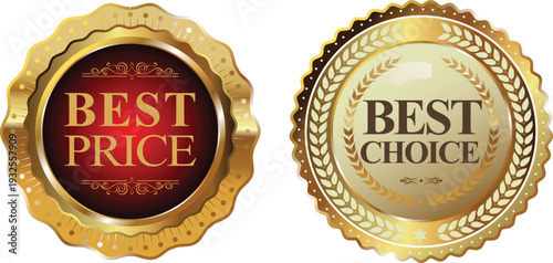 Two gold best price and best choice badges on white background