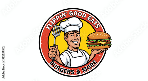 Flippin Good Eats Burger Chef Holding Burger and Spatula.