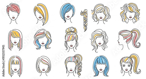 Collection of diverse hairstyles illustrated in a sketch style, showcasing various hair designs.