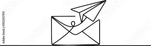 Envelope with a paper airplane flying out of it in one line art style. Mail drawing with editable black stroke.one line vector illustration with white background