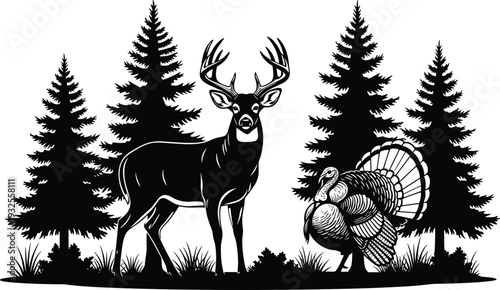Black and white vector illustration of a whitetail deer buck and wild turkey standing in a pine forest landscape, rustic woodcut style hunting nature scene.