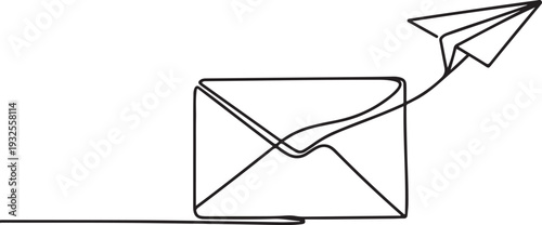 Envelope with a paper airplane flying out of it in one line art style. Mail drawing with editable black stroke.one line vector illustration with white background
