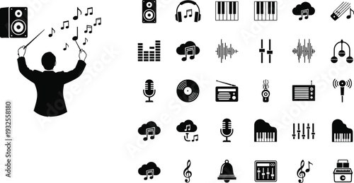 Music icon set featuring a conductor sound waves piano keys microphones and audio equipment for entertainment radio and studio design