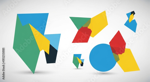 Colorful geometric shapes composition with various forms and vibrant hues.