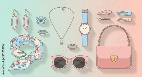 Elegant accessories collection featuring jewelry, sunglasses, watch, and handbag, perfect for fashion enthusiasts.