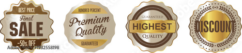 Golden sale and quality labels on white background