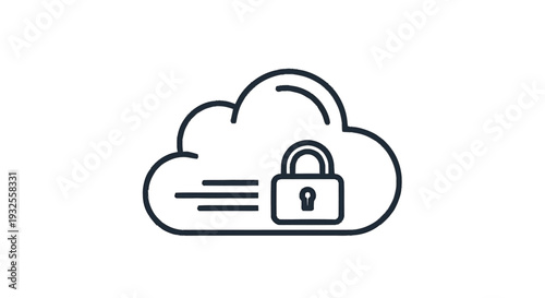Cloud computing security icon with padlock and data transfer lines.