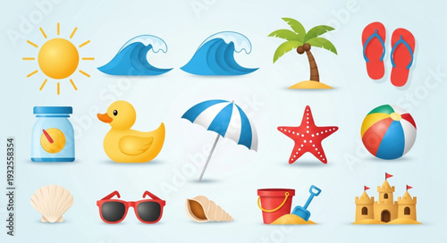 Collection of summer beach elements, including sun, waves, palm tree, and various beach accessories.