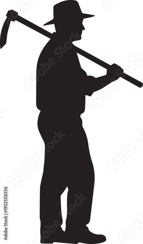 Farmer holding a hoe on his shoulder vector silhouette illustration line art isolated
