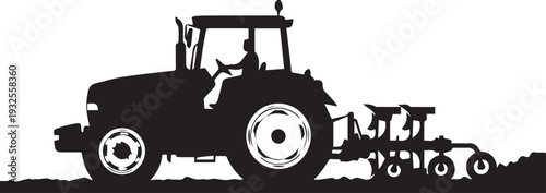Farmer driving tractor vector silhouette illustration, plowing field with agricultural machinery