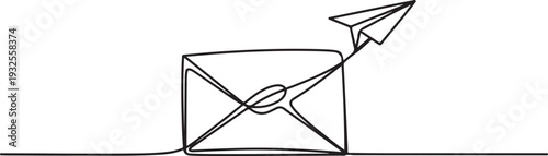 Envelope with a paper airplane flying out of it in one line art style. Mail drawing with editable black stroke.one line vector illustration with white background