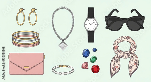 Elegant accessories collection featuring jewelry, watches, sunglasses, and a purse.