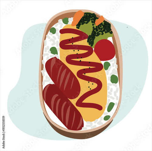 Japanese sausage and egg supplies.Vector illustrations of Bento Japanese lunch box with rice, vegetables, eggs, meat
