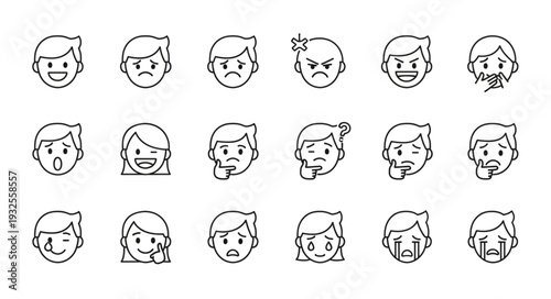 Collection of various sketched faces expressing different emotions and feelings in a row.