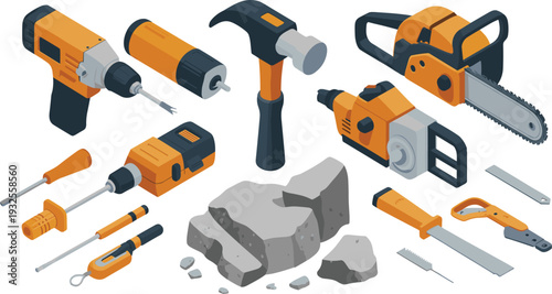 Isometric construction power tools vector illustration, drill hammer chainsaw equipment set for building repair isolated on white background clean design