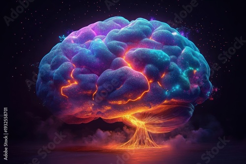 glowing neural brain tree with luminescent roots, cosmic nebula texture and fiery veins evoking wonder and electric energy