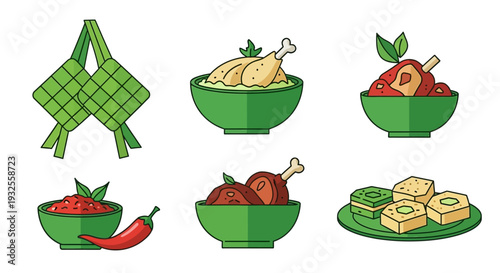 Vibrant collection of classic Southeast Asian culinary delights featuring intricate woven rice cakes, rich chicken stews, aromatic chili sambal, and delicious traditional sweet treats